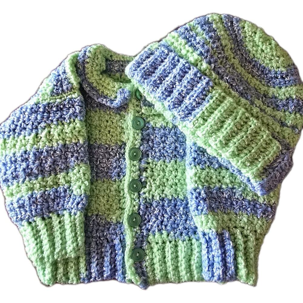 NEW Handmade Crocheted BABY CARDIGAN SWEATER Blue and GREEN SZ 3 MO
